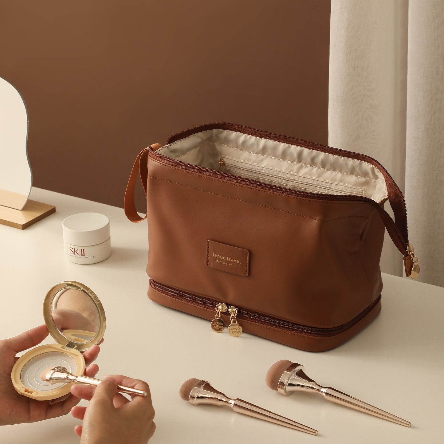 Double Layer Cosmetic Bag, Cloud-Soft Makeup Organizer
